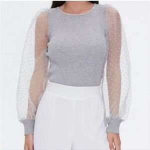 NEW Forever 21 Sheer Swiss Dot Puff Sleeve Rib Knit Sweater in Gray Size Small